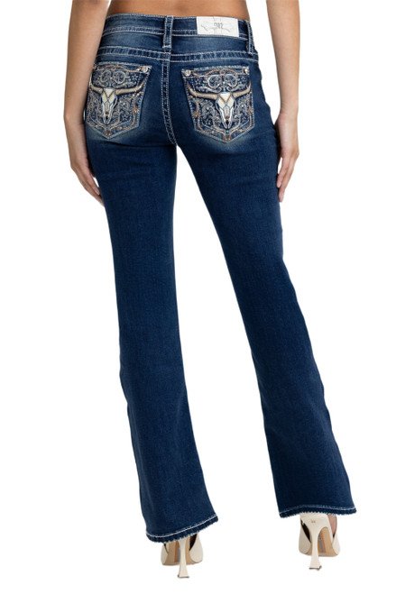 Miss Me Womens Mid Rise Turquoise Longhorn Embellished Dark Wash Bootcut Jeans