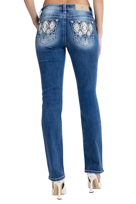 Miss Me Womens Mid Rise Blue Aztec Pocket Straight Leg Jeans