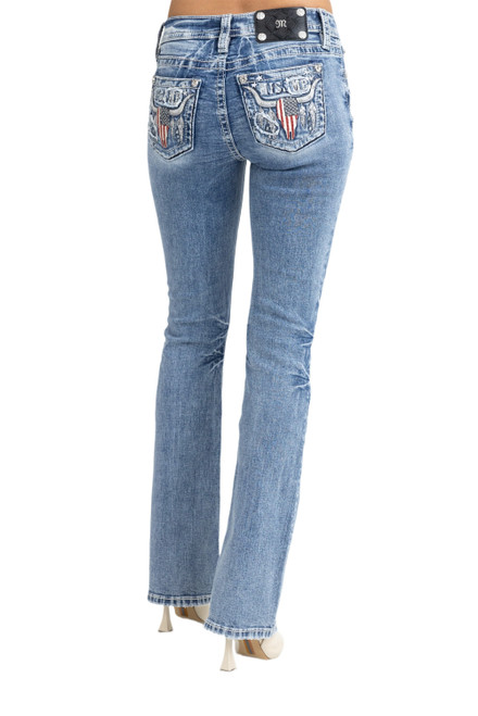 Miss Me Womens Mid Rise American Flag Longhorn Pocket Bootcut Jeans