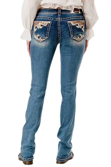 Grace In LA Womens Mid Rise Cowhide Border Pocket Bootcut Jeans