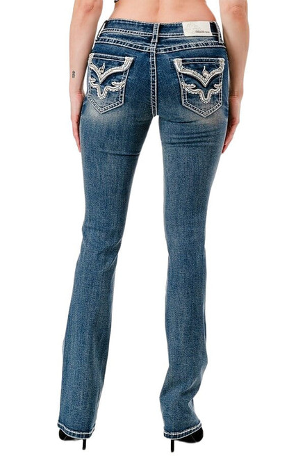 Grace In LA Womens  Mid Rise Western White Border Pocket Bootcut Jeans