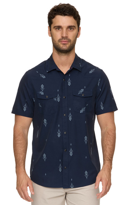 Threadgrit Men's Navy Diamond Geo Print Mack UPF Performance Short Sleeve Western Snap Shirt