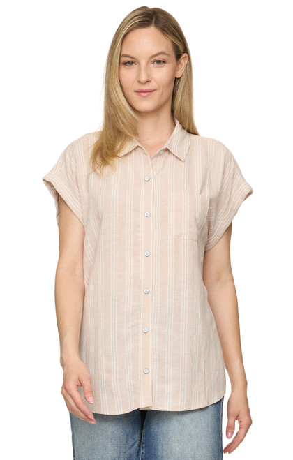 Threadgrit Ladies Natural Cheyenne Linen Blend Dolman Short Sleeve Button Up Shirt