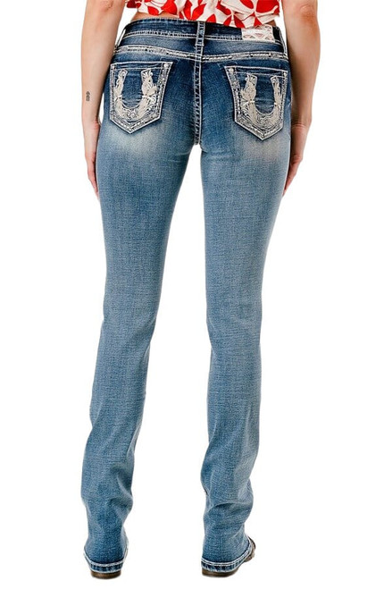 Grace In LA Womens Mid Rise Floral Horseshoe Pocket Bootcut Jeans