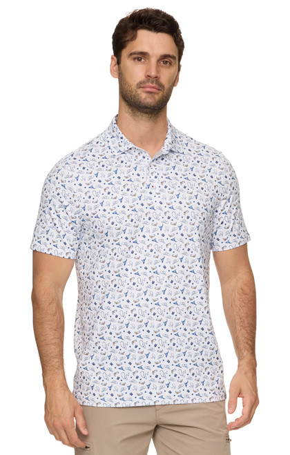 Threadgrit Men's White Darren Rodeo Print Performance Short Sleeve Polo Shirt