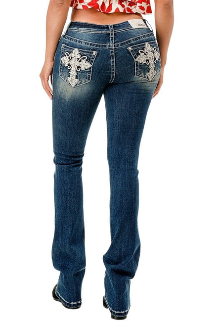 Grace In LA Womens Mid Rise White Cross Stitch Pocket Bootcut Jeans