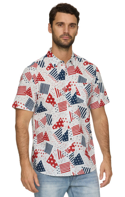 Threadgrit Men's Red, White & Navy Jackson Flag Print Short Sleeve Performance Western Snap Shirt