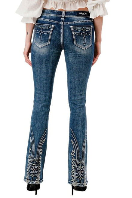 Grace In LA Womens Mid Rise Western Bootstitch Flare Jeans
