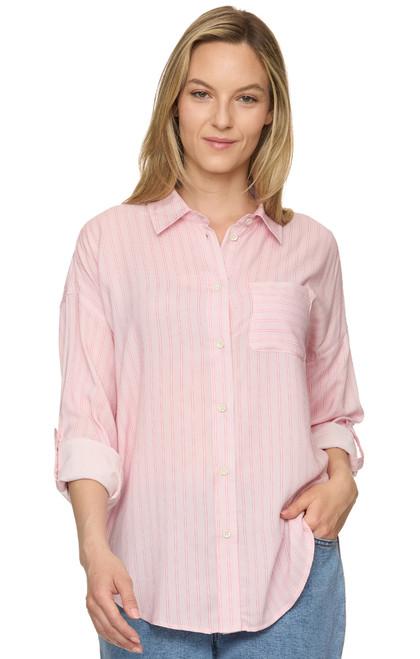 Threadgrit Ladies Pink Stripe Blakely Boyfriend Fit Long Sleeve Button Up Shirt