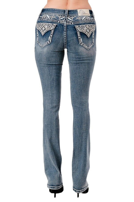 Grace In LA Womens Mid Rise Decorative Border Flap Pocket Bootcut Jeans