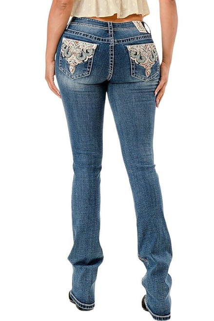 Grace In LA Womens Mid Rise Cowprint Scroll Pocket Bootcut Jeans
