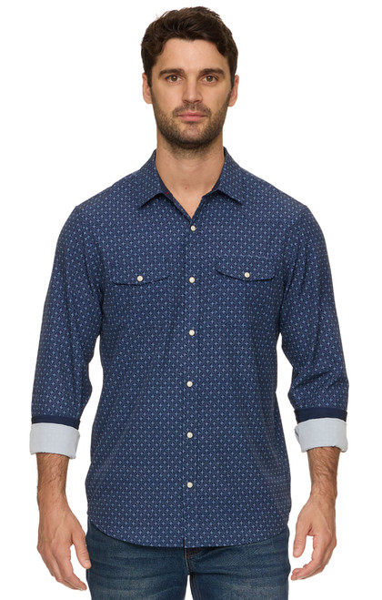 Threadgrit Men's Navy Combo Donald UPF Long Sleeve Performance Western Snap Shirt