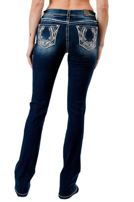 Grace In LA Womens Mid Rise Aztec Horseshoe Pocket Bootcut Jeans