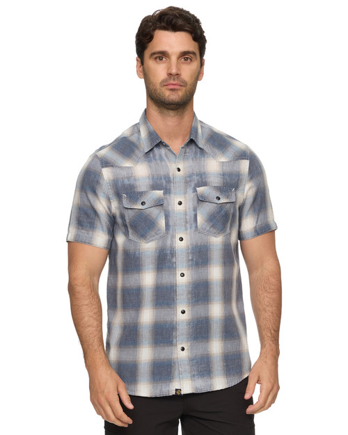 Threadgrit Men's Navy & White Casely Vintage Washed Short Sleeve Western Snap Shirt