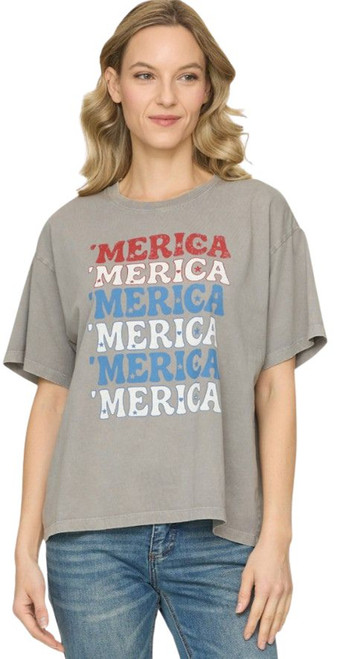 Threadgrit Ladies Grey 'Merica Short Sleeve Boyfriend Fit Tee