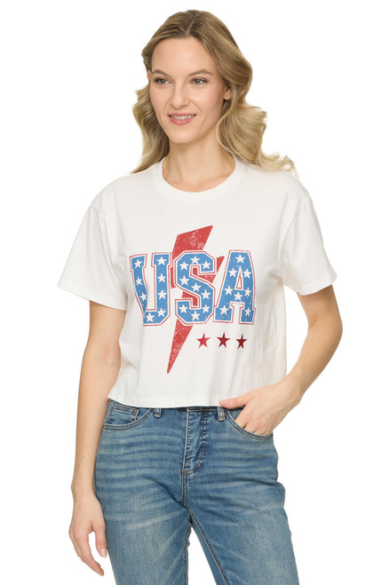 Threadgrit Ladies White USA Lightning Bolt Short Sleeve Cropped Tee