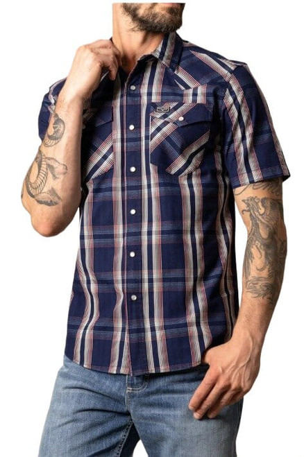 Kimes Ranch Mens Davis Blue Indigo Plaid Short Sleeve Western Snap Shirt