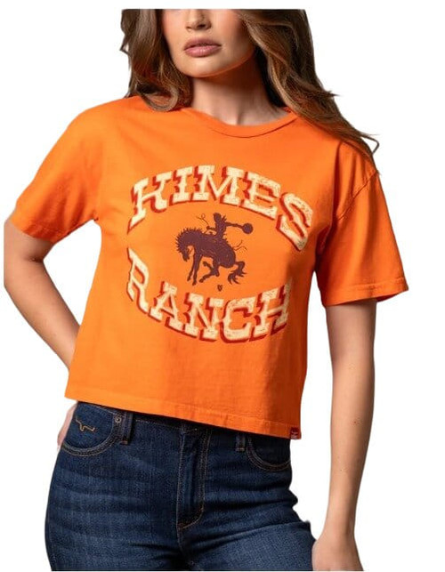 Kimes Ranch Womens Lucky Bucking Vintage Orange Cropped Graphic T Shirt