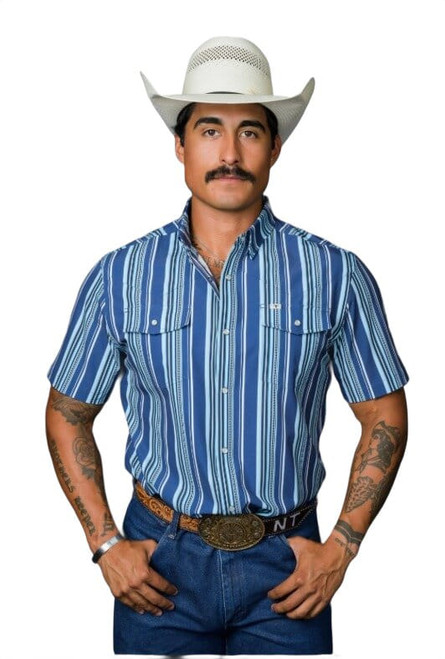 Ferrell Mens The James Blue Classic Stripe Short Sleeve Western Snap Shirt