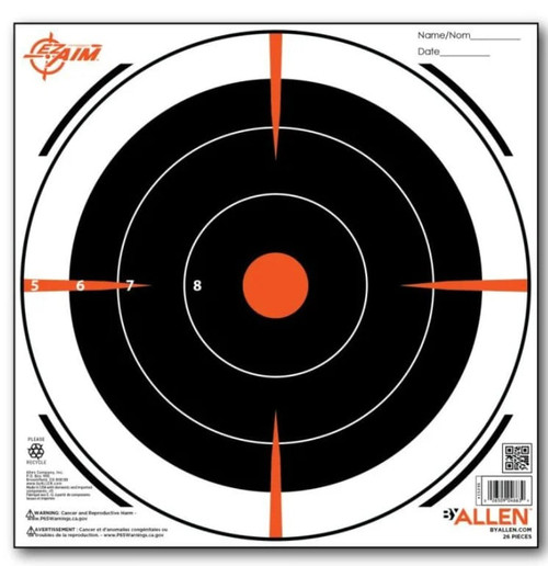 Allen Company EZ Aim Paper Black Orange White Bullseye Shooting Targets 8 Inch - 26 Pack