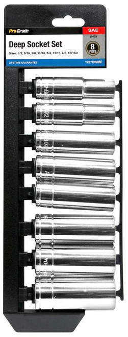 Pro-Grade 8-Piece 1/2 Inch Drive SAE Deep Socket Set with Rail
