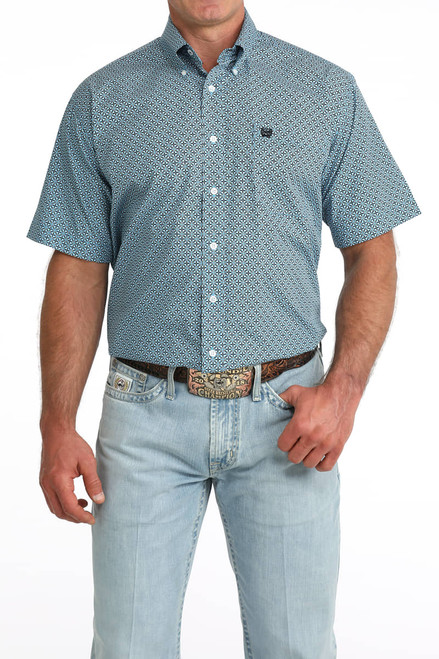 Cinch Men's Blue Geo Print Short Sleeve Button Down Shirt