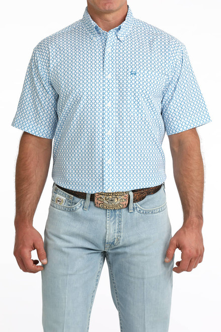 Cinch Men's Light Blue Geo Print Short Sleeve Button Down Shirt