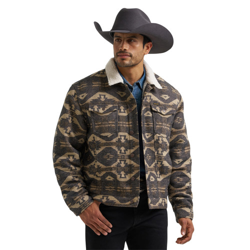 Wrangler Mens Tan Southwestern Print Sherpa Lined Long Sleeve Trucker Jacket