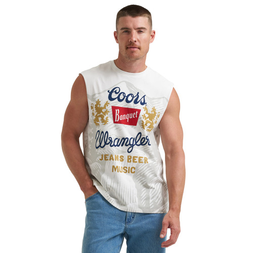 Wrangler Mens Vintage White Coors Banquet Sleeveless Graphic Shirt