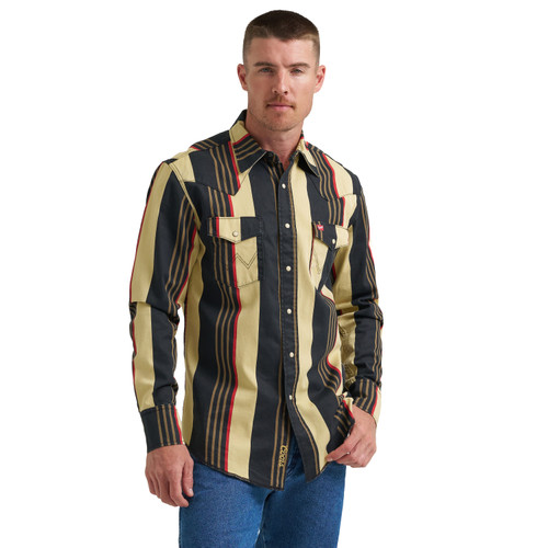 Wrangler Mens Tan Vintage Inspired Striped Long Sleeve Western Snap Work Shirt