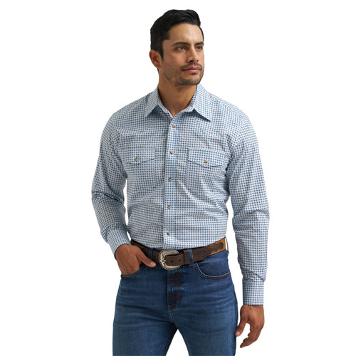 Wrangler Mens Navy Fine Square 20X Competition Advanced Comfort Long Sleeve Two Pocket Western Snap Shirt