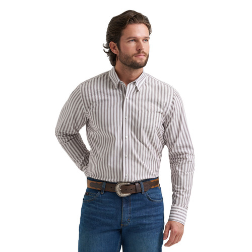 Wrangler Mens Off White Stripe Cody Johnson Long Sleeve One Pocket Western Button Down Shirt