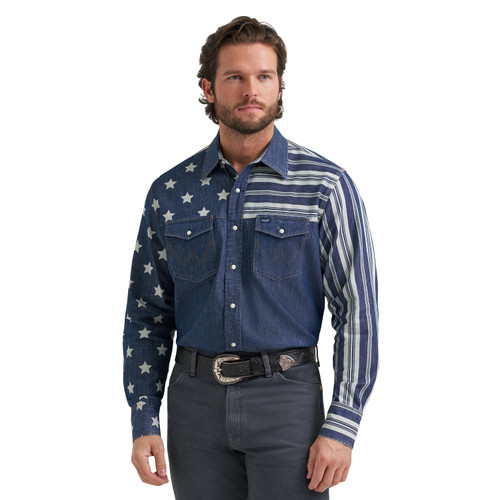 Wrangler Mens Blue Vintage Stars And Stripes Denim Stripe Long Sleeve Western Snap Shirt