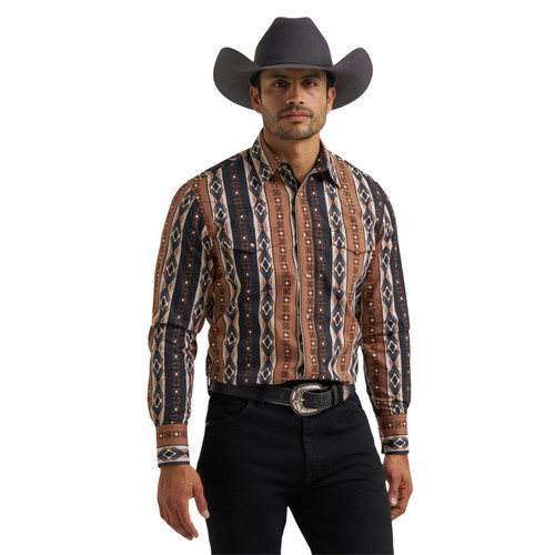 Wrangler Mens Brown Checotah Southwestern Printed Long Sleeve Western Snap Shirt