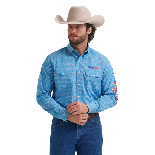 Wrangler Mens Blue Freedom Star Print Long Sleeve Western Snap Shirt