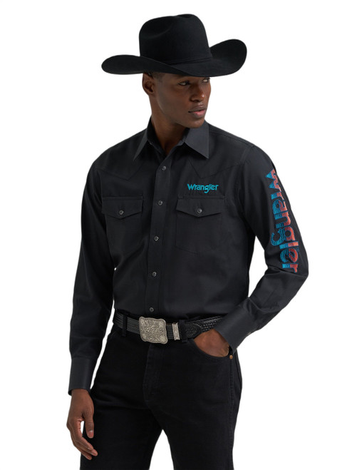 Wrangler Mens Black Sunset Logo Long Sleeve Two Pocket Western Snap Shirt