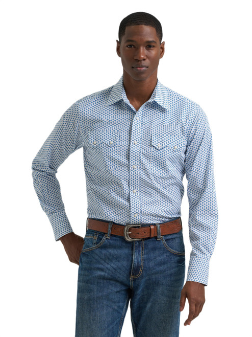 Wrangler Mens White Blue Diamond Retro Premium Long Sleeve Western Snap Shirt