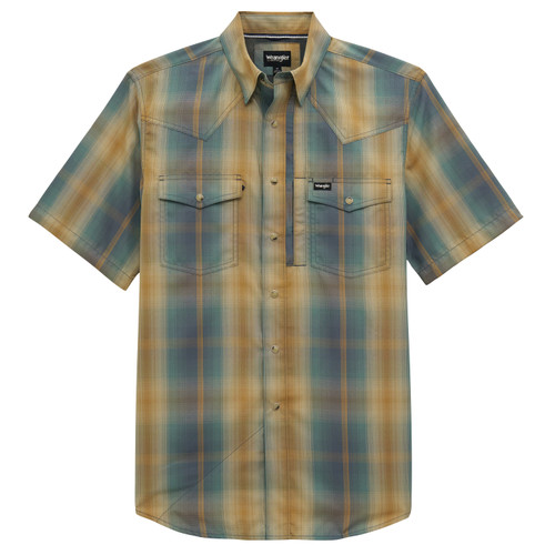 Wrangler Mens Tan Desert Plaid Performance Short Sleeve Western Snap Shirt