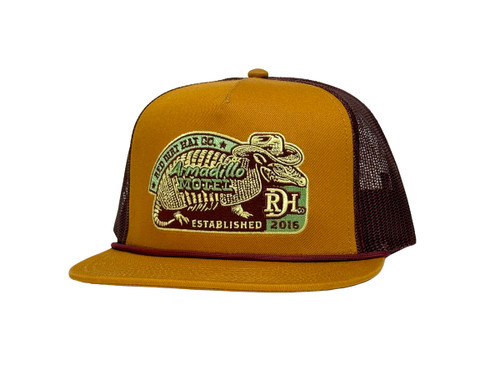 Red Dirt Hat Co Orange & Brown Armadillo Motel Embroidered Logo Mesh Snapback Hat