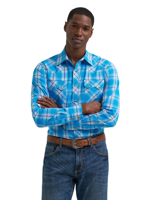 Wrangler Mens Blue Ocean Retro Plaid Long Sleeve Western Snap Shirt