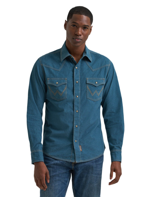 Wrangler Mens Blue Corduroy Retro Premium Long Sleeve Western Snap Shirt