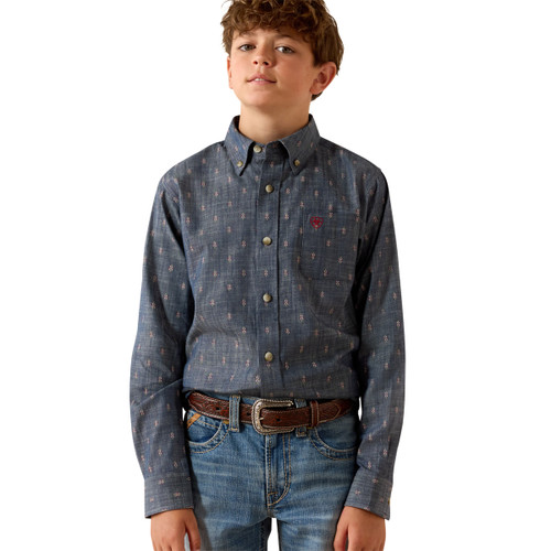 Ariat Boy's Chambray Blue Medallion Print Teague Long Sleeve Button Up Shirt