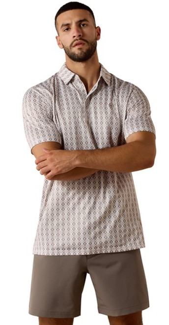 Ariat Men's Taupe Grey Southwest All Over Geo Print Short Sleeve Polo Shirt