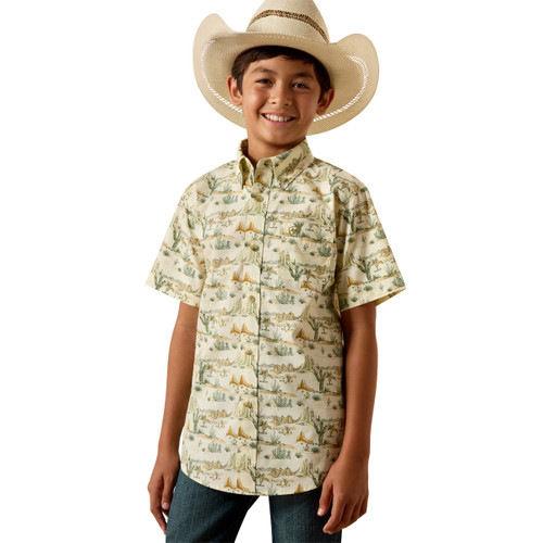 Ariat Boys Almond Oil Scenic Print Short Sleeve Sable Button Up Shirt