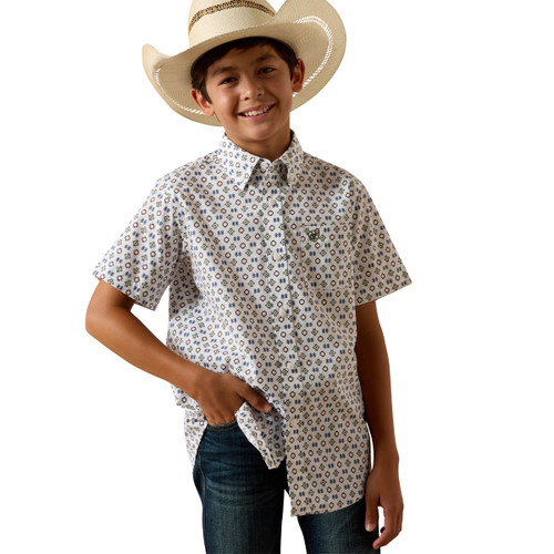 Ariat Boy's White Southwest Motif Print Short Sleeve Button Up Seton Shirt