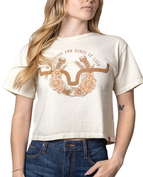 Kimes Ranch Women's Ivory Kimes of Luck Floral Logo Short Sleeve Graphic Cropped T-Shirt