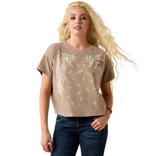 Ariat Women's Taupe Gray Paisley Boxy Crop Short Sleeve T-Shirt