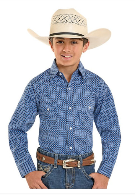 Rock & Roll Denim Boys Blue Mesa Grid Long Sleeve Western Snap Shirt
