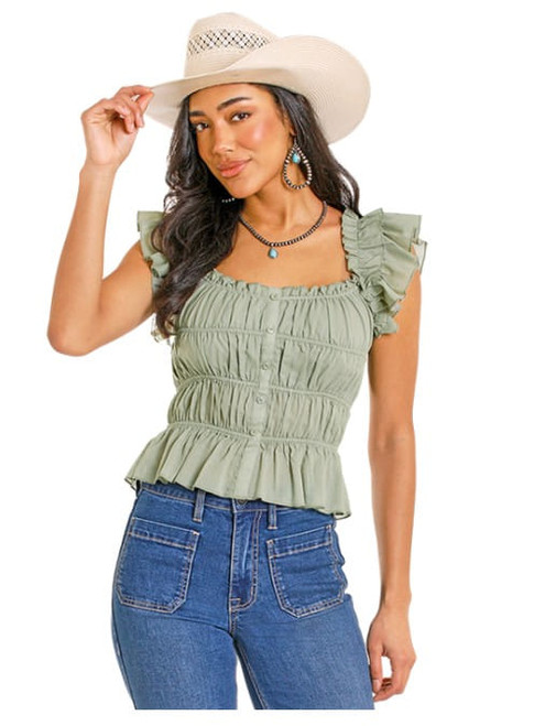 Rock & Roll Denim Womens Jade Willow Ruffle Ruched Tank Top