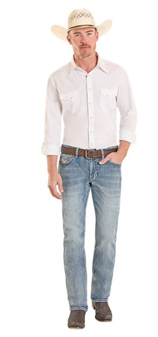 Rock & Roll Denim Mens Medium Vintage Wash Revolver Step Stitch Embroidered Denim Jeans
